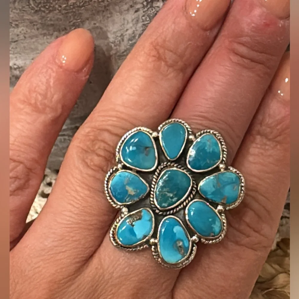 TURQUOISE/SILVER CLUSTER RING - Picture 9 of 12